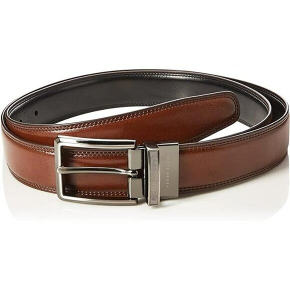 Mens reversible leather belt black brown dress casual stitched silver buckle - Picture 4 of 4